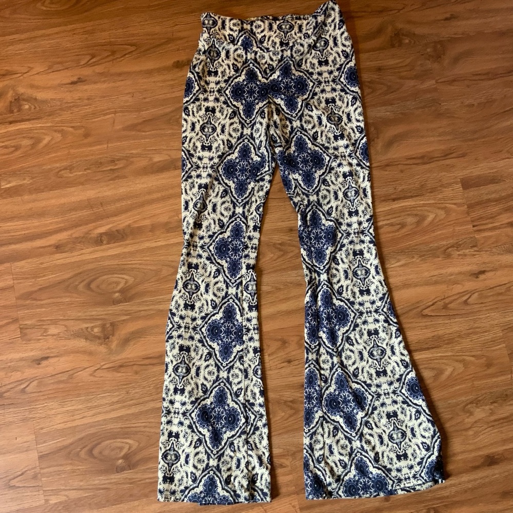 Blue and White Boho Knit Flare Pants